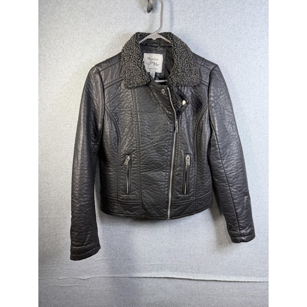 Maralyn & Me Jacket Womens Small Black Faux Leather Sherpa Collar Moto Biker
